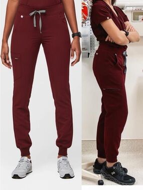 FIGS Women’s Zamora Joggers Scrub Pants Burgundy Large Yoga Waistband